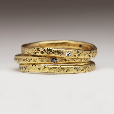 Sandcast Stacking Set in 18ct Yellow Gold with Grey, White and Black Diamonds