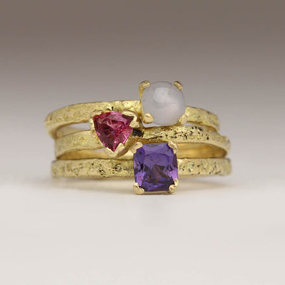 Sandcast Stacking Set in 18ct Yellow Gold with Pink, Purple and Star Sapphires