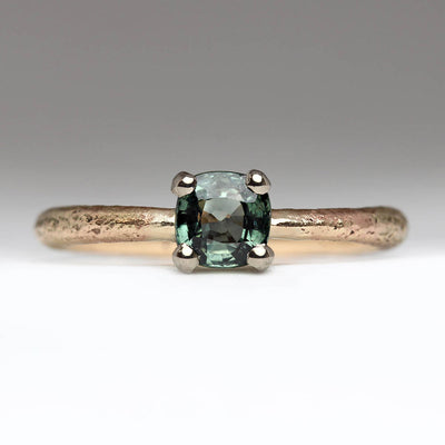 Sandcast Wedding & Engagement Set Cast in Own Gold With 5mm Cushion Cut Green Sapphire