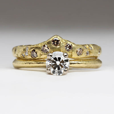 Sandcast Wedding Set in 18ct Yellow Gold with White & Brown Diamonds & Sapphires
