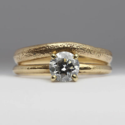 Sandcast Wedding and Engagement Ring Set in 9ct Yellow Gold with 6mm Diamond