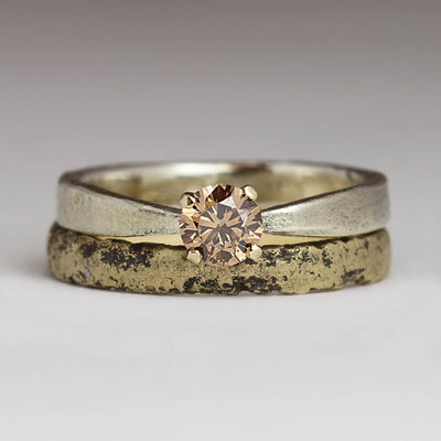 Sandcast Wedding and Engagement Rings in 9ct White Gold and Yellow Gold with 5mm Brown Diamond