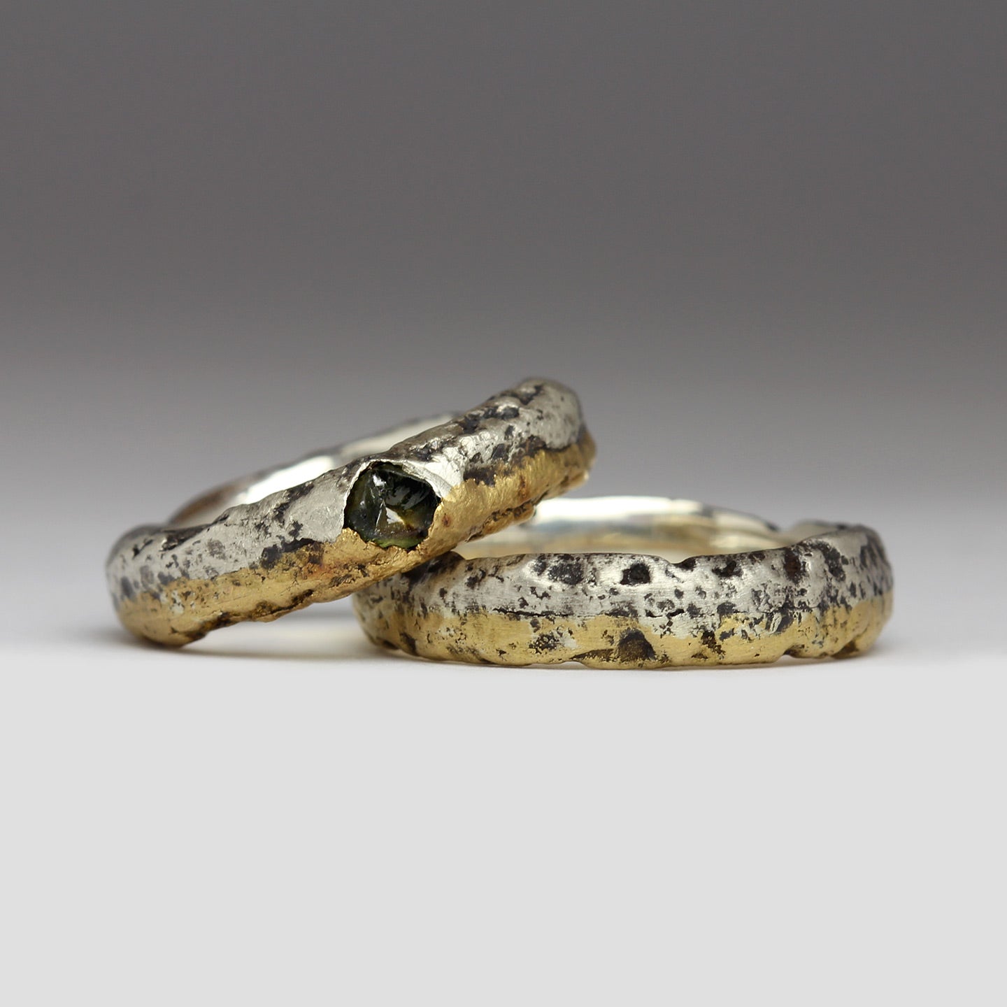 Sandcast Extra Texture Two Tone Ring in Silver with Rough Green Sapphi ...