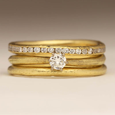 Set of Sandcast Rings – Engagement Ring, Wedding Ring and Eternity Ring in 18ct Yellow Gold with Diamonds