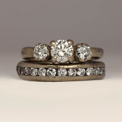 Set of Sandcast Wedding & Engagement Rings in Heirloom 14ct & 18ct White Gold with Own Diamonds
