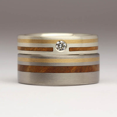 Set of Wedding Rings – Using Burr Elm and Heirloom Gold Inlays in Titanium and Silver with White Diamonds