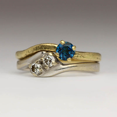 Shaped Sandcast Wedding Ring in 18ct Yellow Gold with London Blue Topaz