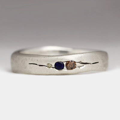 Silver Sandcast Crack Ring with Cognac Diamond, Sapphire and Champagne Diamond