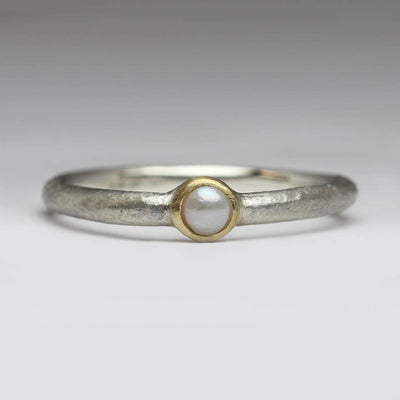 Silver Sandcast Ring with Bezel Set Pearl