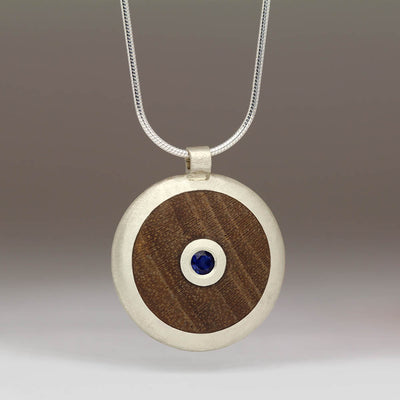 Silver, Teak and Sapphire Pendant with Tin Anniversary Dots