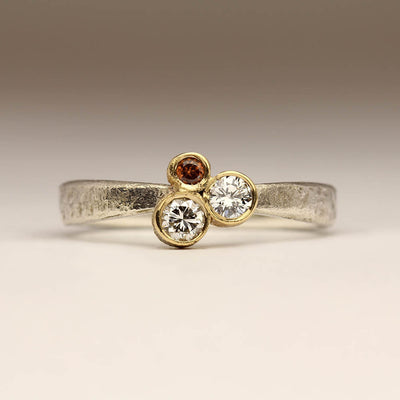 Tapered Silver Sandcast Ring with White Diamonds and Brown Zircon in Gold Setting
