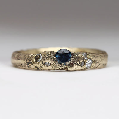 Textured Sandcast Ring with Montana Sapphire Cast into Band & Heirloom Diamonds Set in Texture
