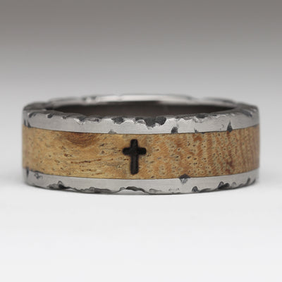 Textured Titanium Ring with Acacia Inlay and Burned Engraving