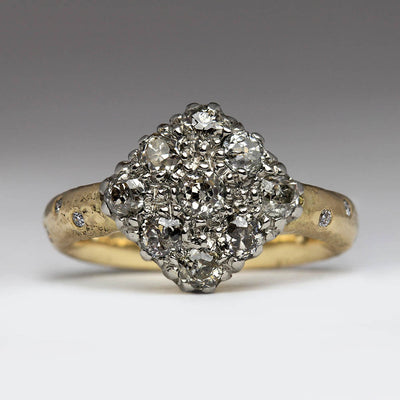 Upcycled Engagement Ring Using Antique Diamond Cluster on Sandcast Yellow Gold Band with Scattered Diamonds