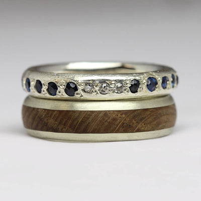 Wedding Set in 9ct White Gold – Sandcast Eternity Band with Pavé Set Diamonds & Sapphires & Oak Inlay Ring