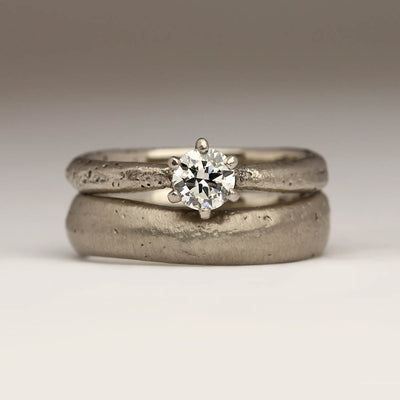 Wedding and Engagement Sandcast Set in Palladium with Six Pronged Claw