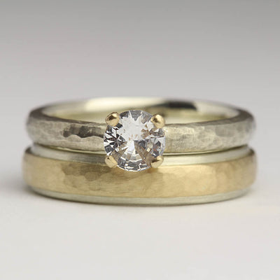 White Gold Rings with Yellow Gold Overlay and Clear Sapphire