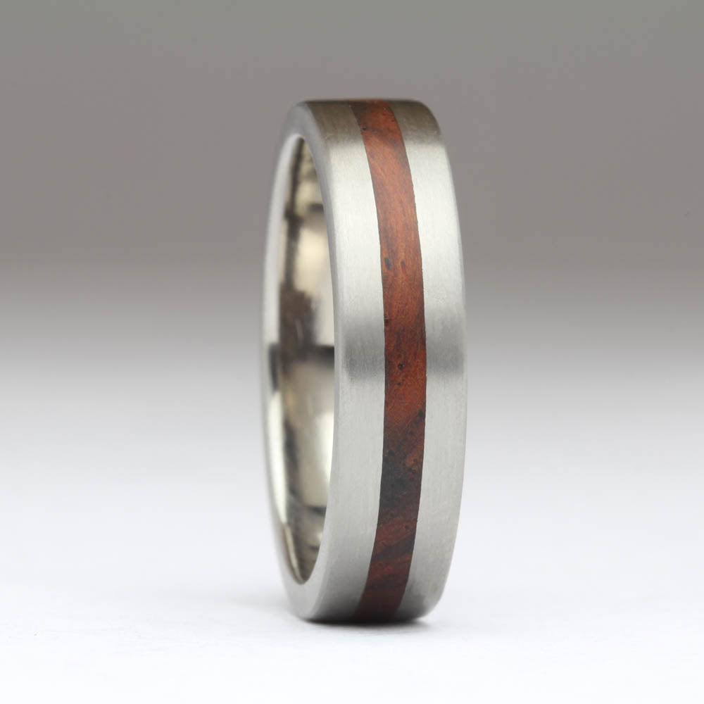 Wood Flow R6 R6 6mm Titanium Snakewood Wood Inlay Ring - Size T – Justin Duance